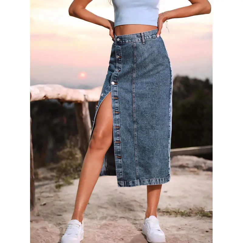 

High Waist Asymmetrical Slit Denim Skirt Women Casual Split Dressing Other Material Silk Luster Design for Autumn Season