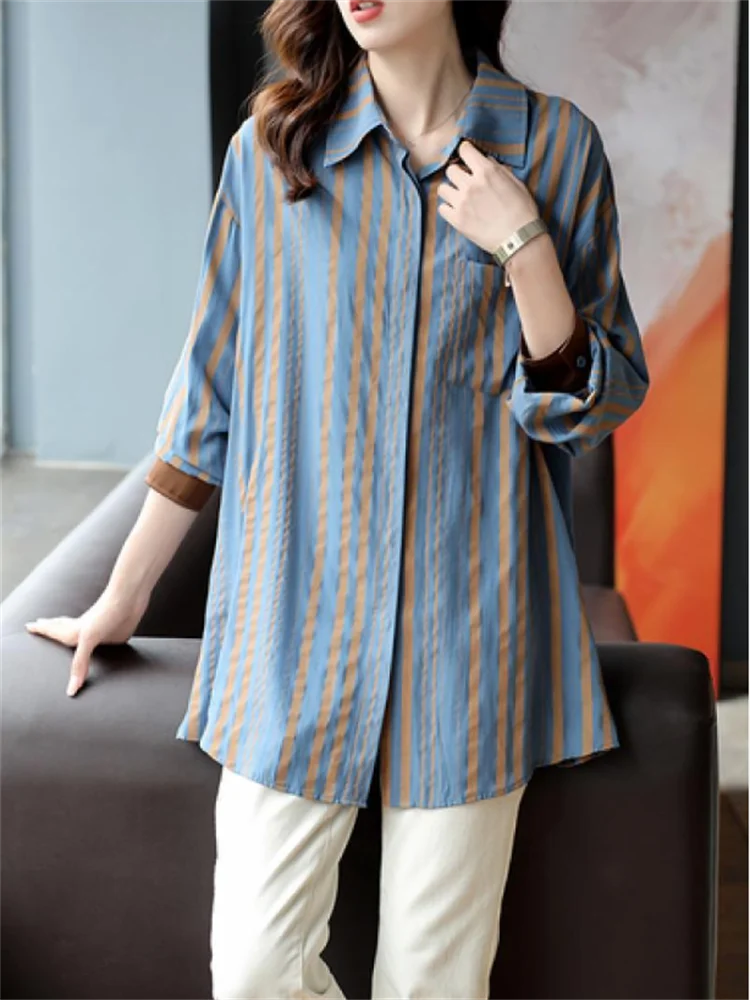Loose Striped Blouse Cotton Shirt Women Shirts POLO Collar Cardigan Pocket Shirt Outer Tops Spring Autumn Woman Clothes Blous