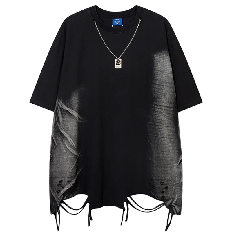 Men's Fashion Oversized Hip Hop T Shirts With Necklace High Street Loose Fit Ripped Tees Summer Short Sleeve Y2K Tops With Holes