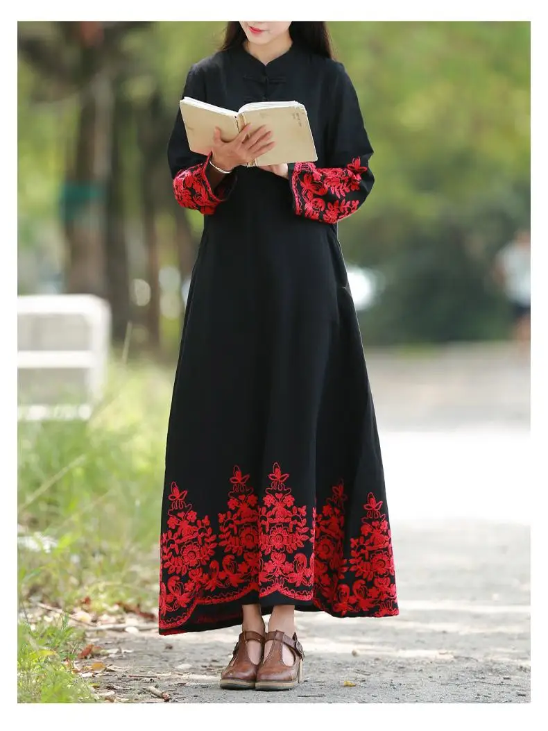 

Красное вышитое платье в стиле дзен для весны и осени, новое китайское платье с пуговицами и воротником-стойкой, черное длинное винтажное платье с цветочным узором, женское платье