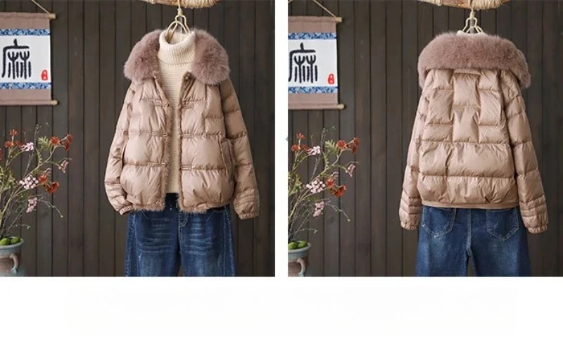 ダウンジャケット 90% ホワイトダックダウン 暖かい ディスクバックル 取り外し可能なフォックスファー襟 新作 秋冬 レディース ショート ミンクヘムヘア