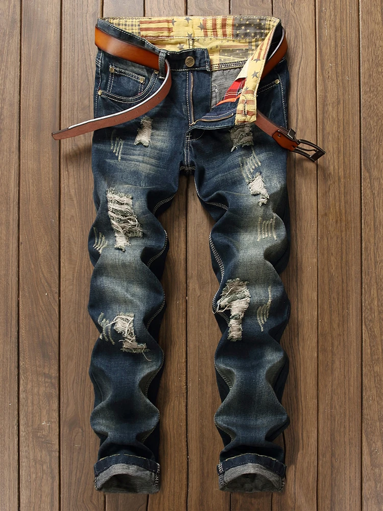 

Trendy Loose Fit Men's Jeans with Patchwork Casual Straight Leg Long Pants Retro Korean Sle Hole Punching Jeans