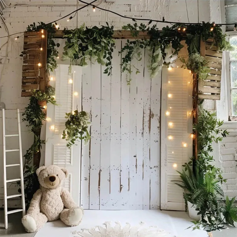 Mehofond 흰색 문 벽 사진 배경 봄 신생아 아이 생일 파티 출산 잔디 장난감 곰 장식 사진 배경