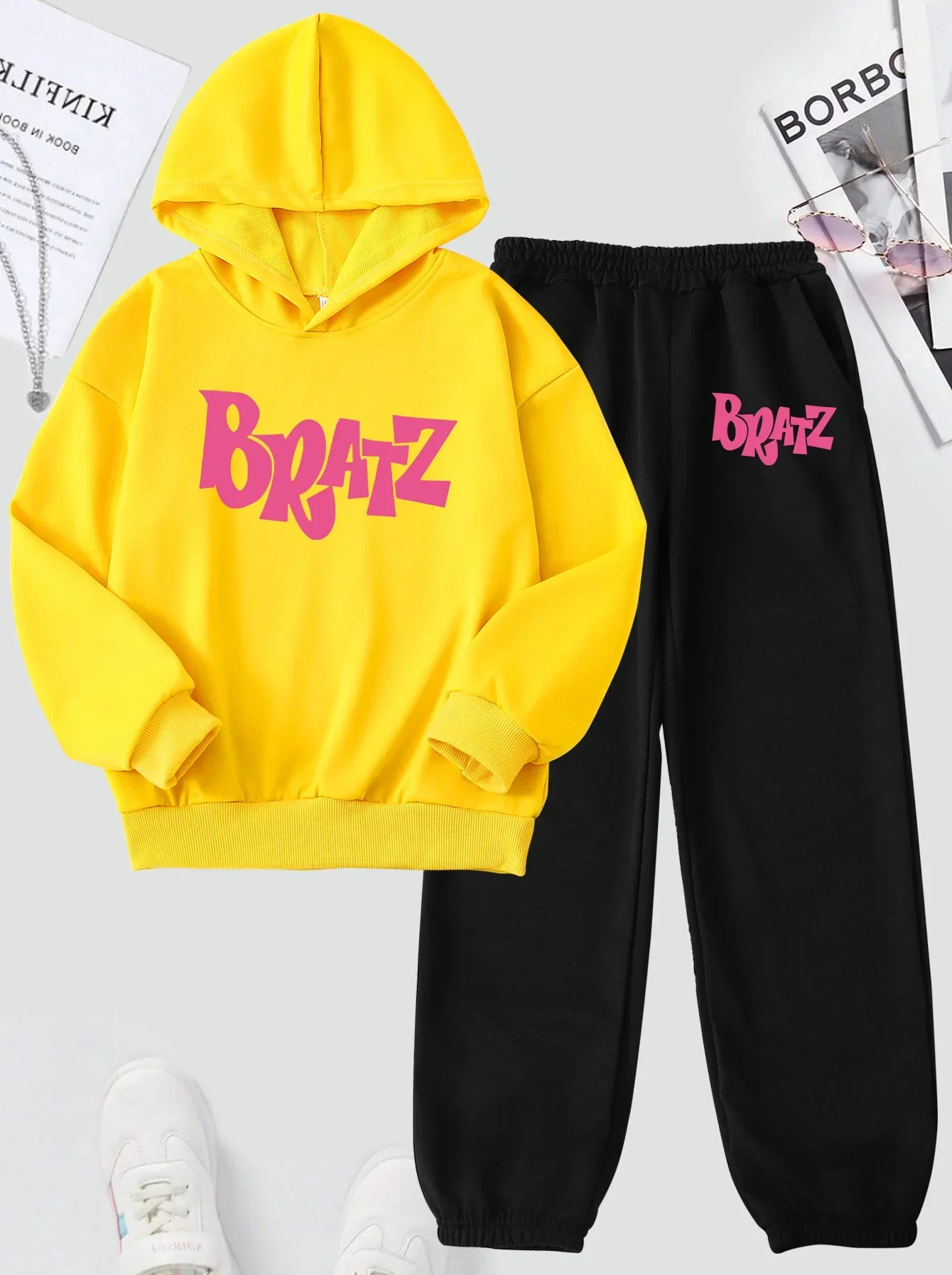 Letter BRATZ Print Children\'s Sets Hoodies Pant Loose Two Piece Daily Fashion Autumn Winter Clothes Comfortable Long Sleeve Tops