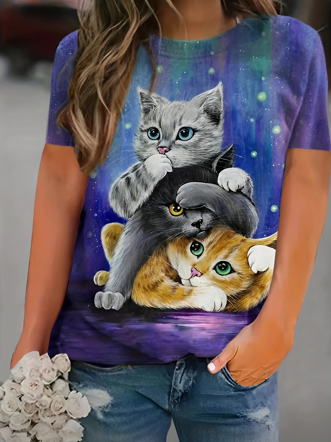 Women Plus Size Cute Stacked Kittens Print T‑Shirt Galaxy Purple Blue O‑Neck Short Sleeve Casual Tops