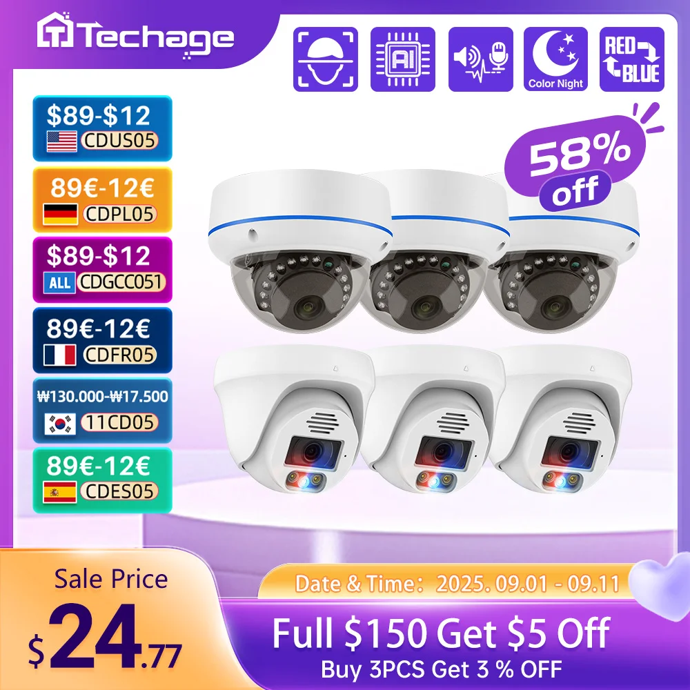 

Techage 4MP / 5MP / 8MP POE Сетевые камеры Домашняя безопасность 1 / 2 / 3PCS Антидиверсионные сферические камеры
