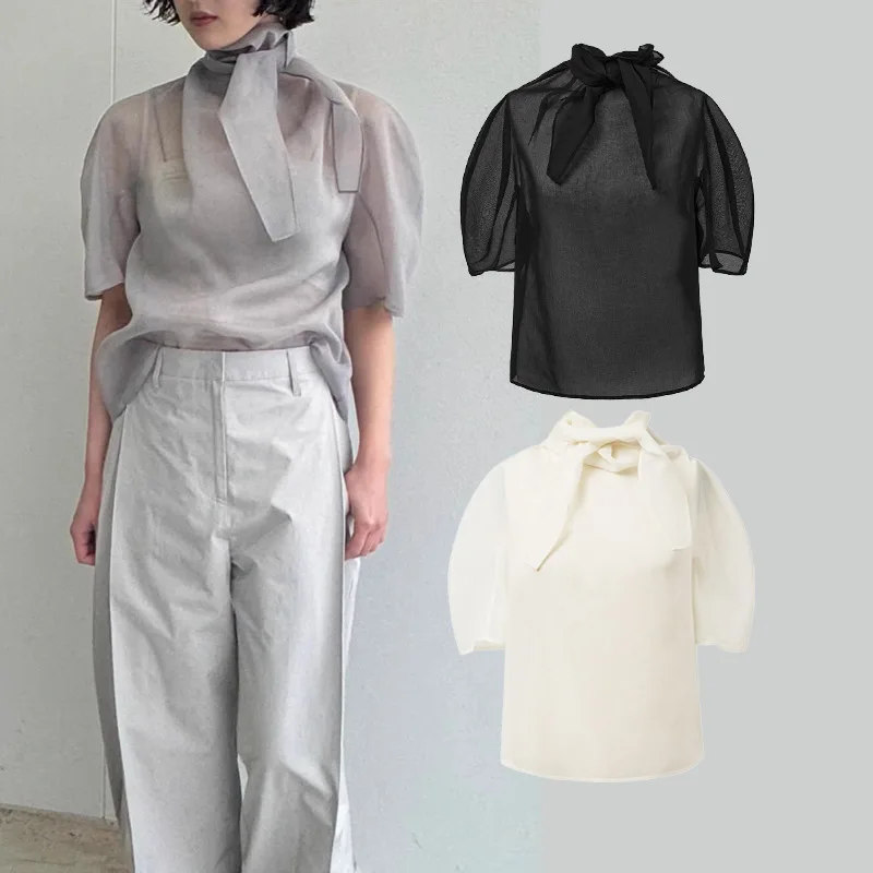 

Spring 2025 New Sle Bubble Sve Knot Ne f Transparent Color Belted ort Sve Women's irt Polyester Fiber