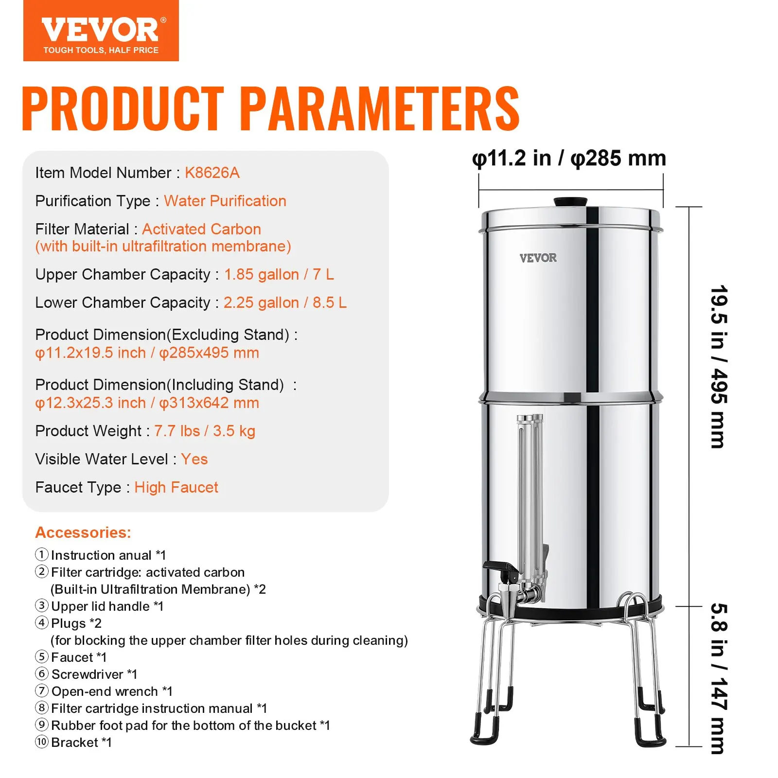 Système de filtration d'eau par gravité - Système de plan de travail en acier inoxydable - 7+8,5 litres. Système de filtration d'eau, équipé de 2 filtres à charbon actif et d'un indicateur de niveau d'eau, adapté aux caravanes de camping.