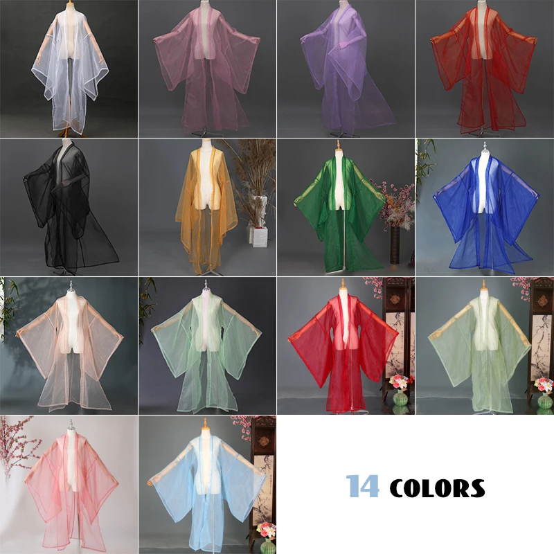 Ancient Chinese Hanfu Solid Color Tulle Cardigan Wide Sleeve Coat Classical Folk Dance Costume Stage Performance Photo Clothing