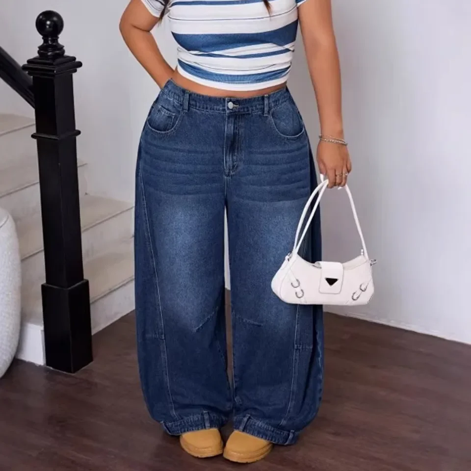 2026 Plus Size Distressed Curved Jeans For Women Large Size High Waisted Wide Leg Denim Pants Streetwear Loose Fit Floor Pants