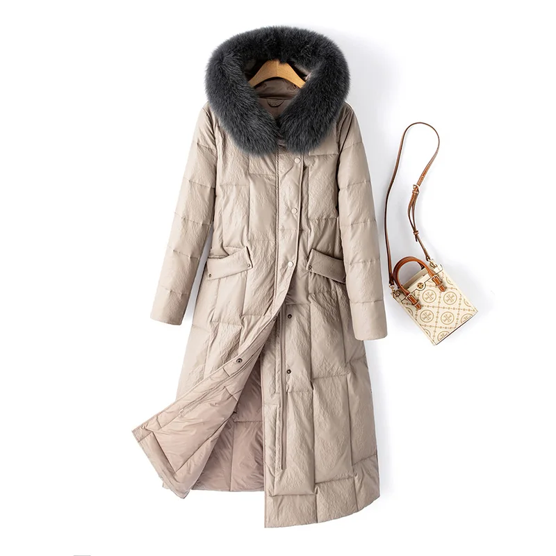 

New Women Winter Split Leather Down Coat Fashion Hooded Fox Fur Collar Wide-waisted Leather Coat Casual Loose Thick Coat Female