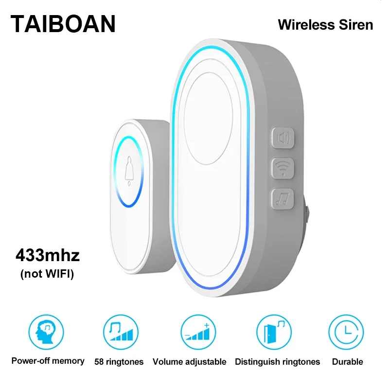 TAIBOAN 433 MHz Campanello senza fili Musica domestica Campanello per porta Allarme Volume regolabile Compatibile con il sistema di allarme WiFi GSM Spina UE/USA