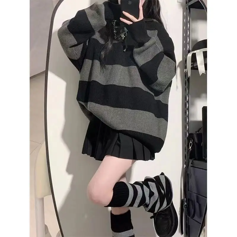 Gidyq Women Knitted Sweatshirt Korean Fashion Stripe Female Loose Long Sleeve Sweater Casual Streetwear Jumper Autumn New