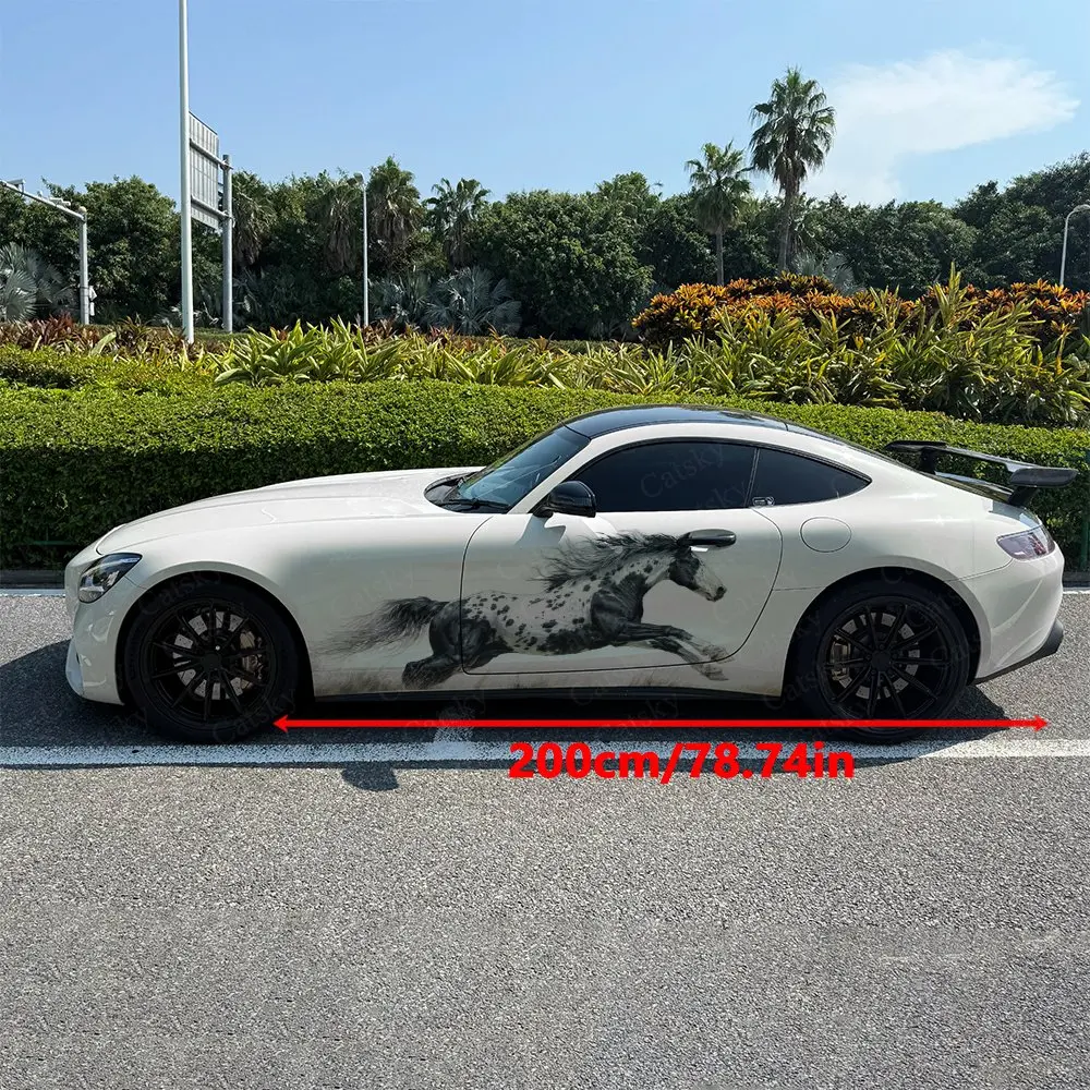 2pcs Grass Ink Wash Galloping Horse Car Side Wrap, Self-Adhesive PVC Waterproof & Scratch-Resistant Stickers, Car Accessory Gift
