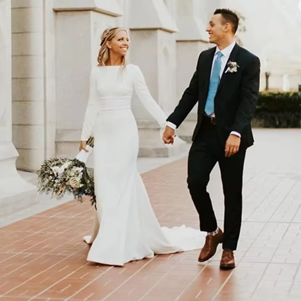 

Muslim Wedding Dresses Boat Neck Long Sleeve Simple Mermaid Church Bridal Gown Customized فساتين حفلات الزفاف