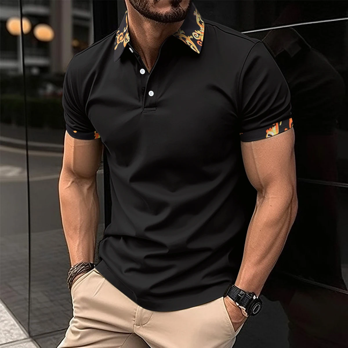 Summer Men\'s Solid Color Polo Shirt Button Short Sleeve Printing Turn-Down Collar TshirtsCasual Streetwear Male Clothing Tops