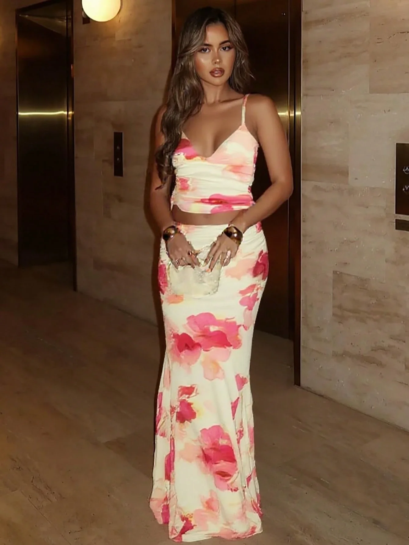 Women's Summer Floral Print Two Piece Set Sexy Backless Vacation Beach Outfit