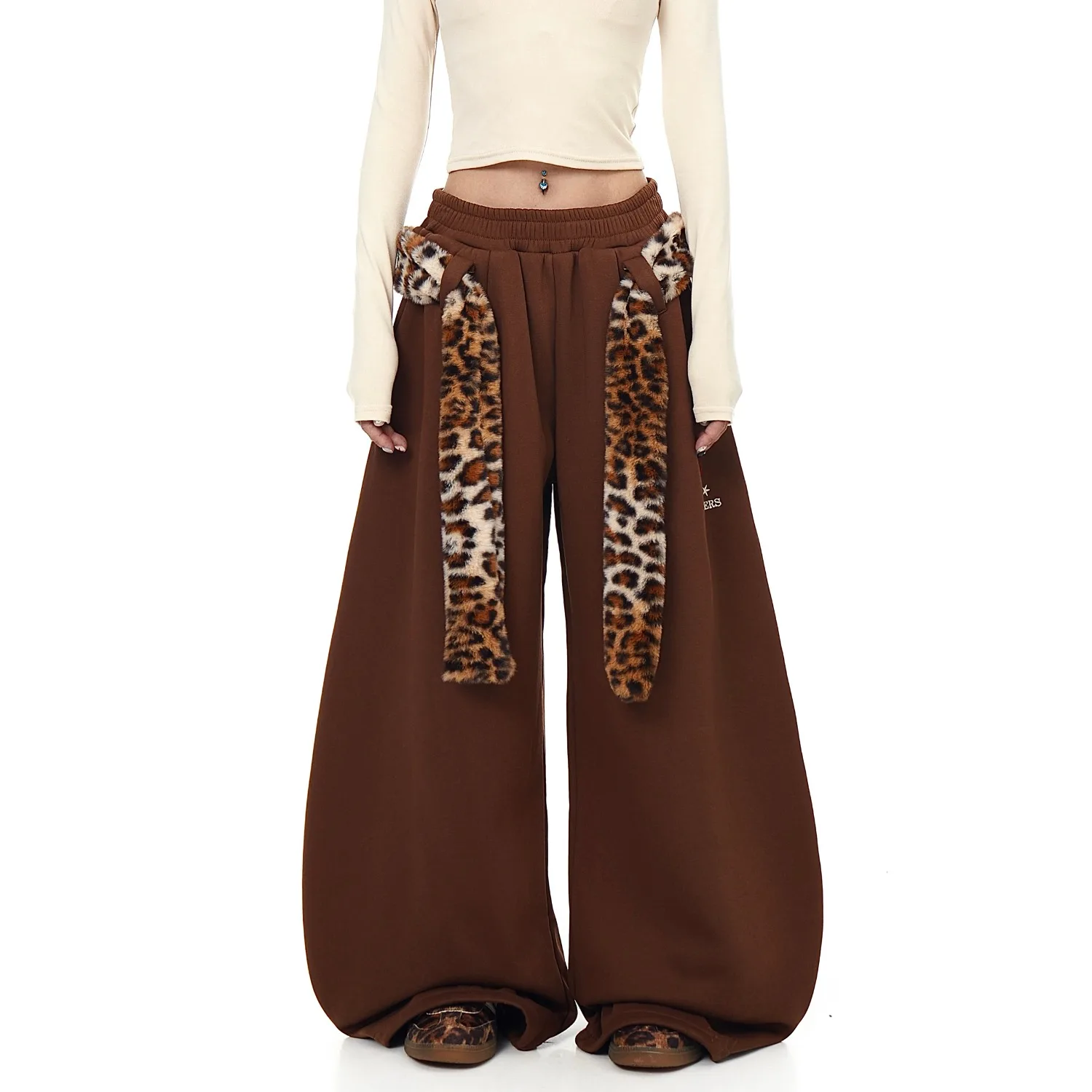 กางเกงขายาวทรงกระบอกพิมพ์ลายเสือดาวสไตล์อเมริกันย้อนยุค แต่งขนเฟอร์ สำหรับผู้ชายและผู้หญิง เหมาะสำหรับเต้นแจ๊ส บุผ้ากำมะหยี่ ขากว้าง ทันสมัย