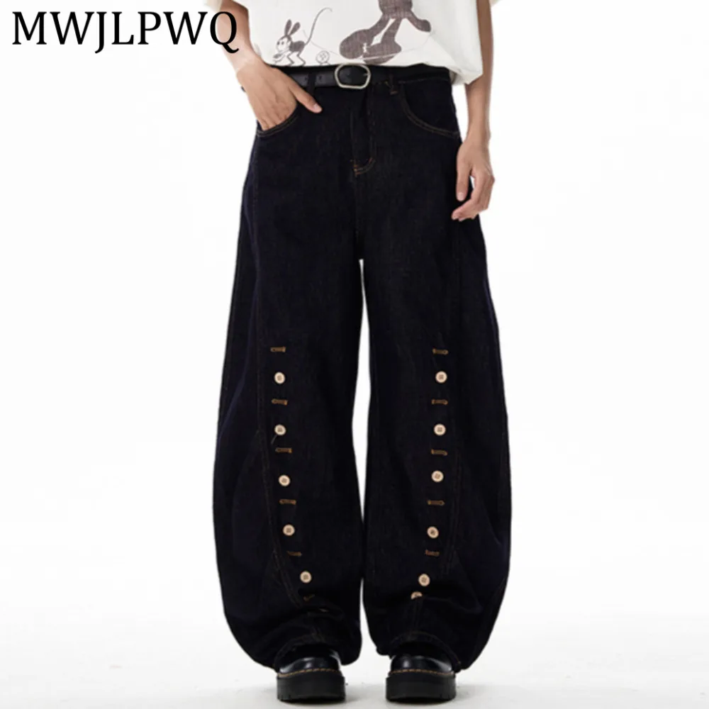 

MWJLPWQ Men's Retro Button-Up Loose-Fitting Curved Jeans For Men Drapey American Casual Unisex Wide-Leg Denim Trousers 14591