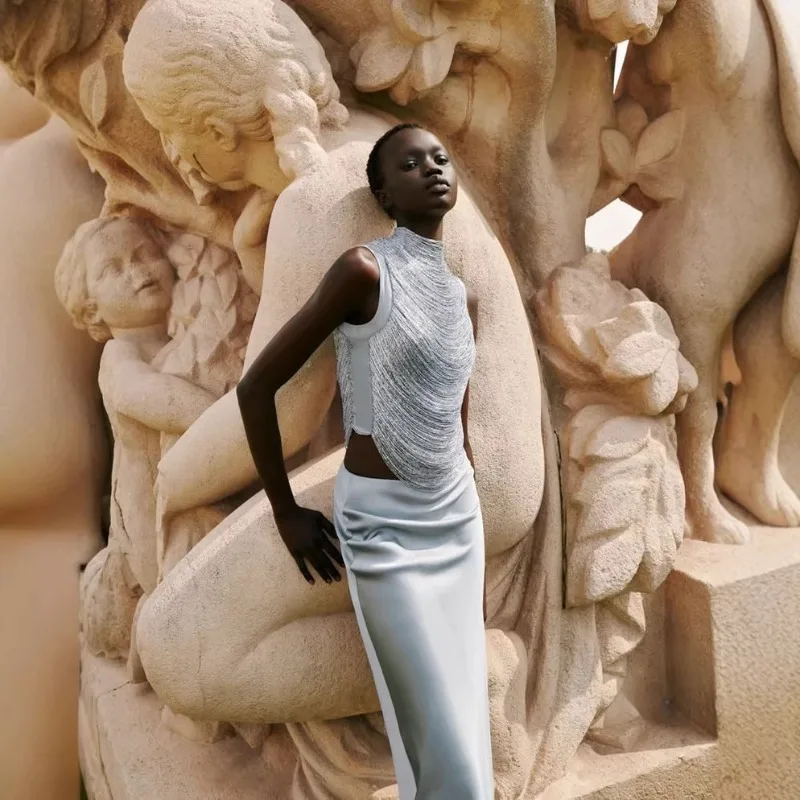 

Elegant Party 2 Piece Set Women Shiny Tassel Patchwork Sleeveless Crop Tops + Satin Bodycon Maxi Skirts Vacation Dress Suits