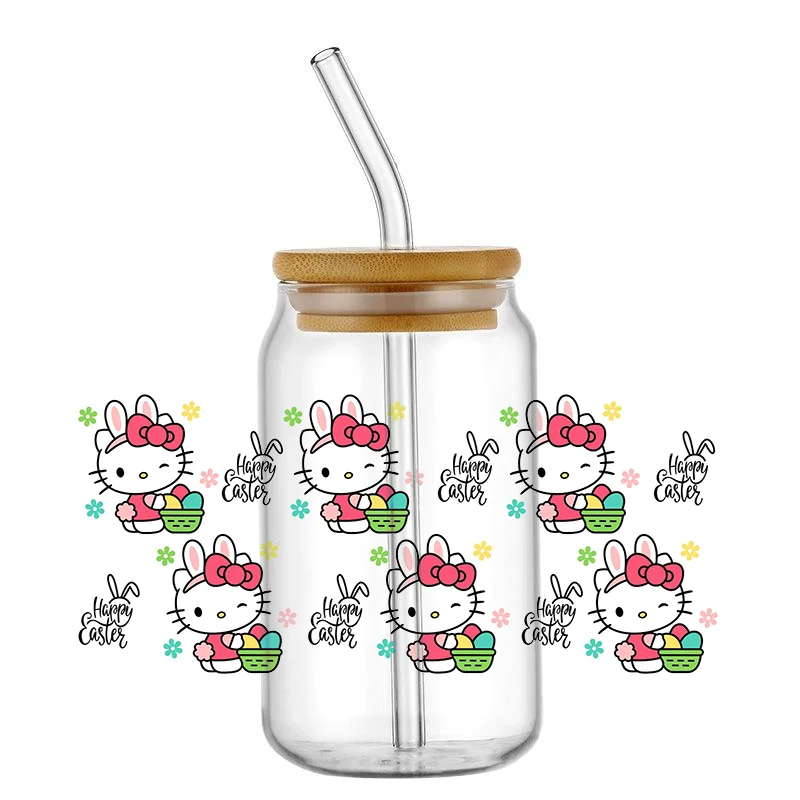 Miniso Kitty pegatina de transferencia UV DTF de dibujos animados, calcomanías personalizadas resistentes a altas temperaturas, bricolaje, tazas de vidrio de 16Oz