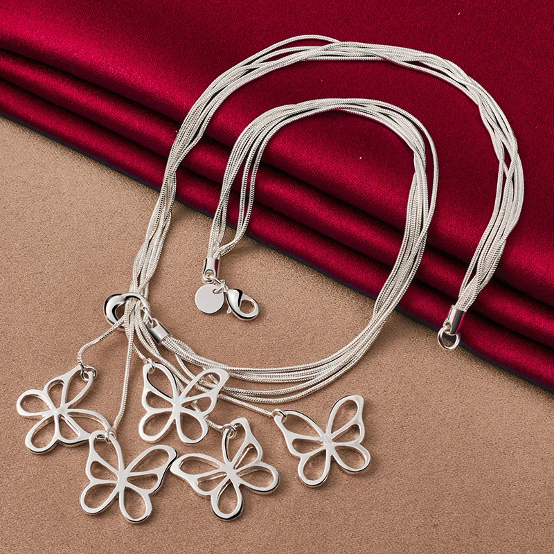 ALITREE 925 Sterling Silver 45cm wielokrotny łańcuszek wąż wisiorek z motylem naszyjnik dla kobiet wesele bankiet impreza moda biżuteria