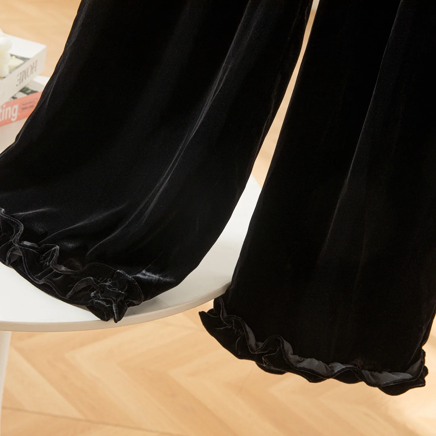 Women's High-end Autumn/Winter Clothing Black 30% Natural Mulberry Silk Velvet Elastic Waist Versatile Casual Wide Leg Pants