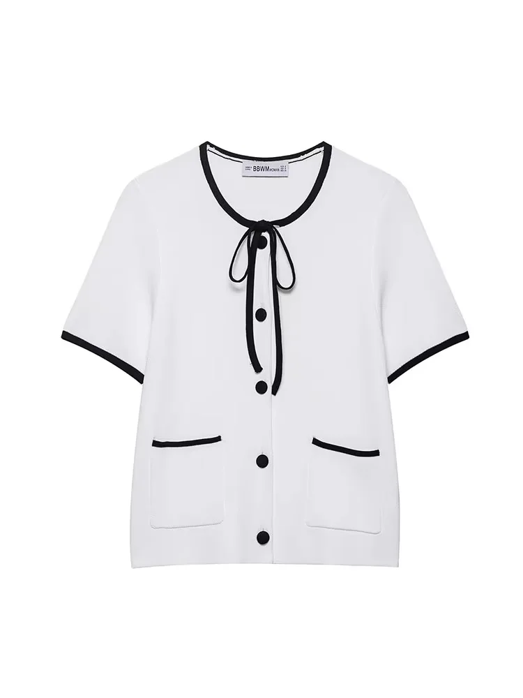 HH Damski Kardigan Casualowy Biały z Dekoltem O-Neck, Krótkim Rękawem, Kieszeniami, Zapinany na Guziki, Damski Sweter z Kokardą i Sznurowaniem, Top 2025