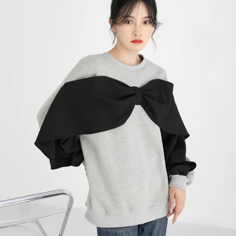 O-neck Sweatshirt Women Fake Two Piece Patchwork Bow Sweet Ruffles Korean-style Design Office Ladies All-match Loose Trendy Cozy