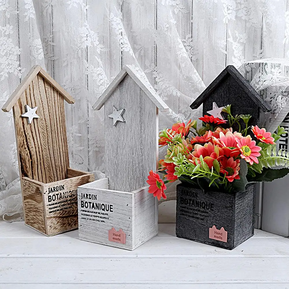 1 Set Flower Holder House Shape Simulation Flower Arrangement Outdoor Wooden Planter Barrel Flower Pot Retro Style Garden Pot