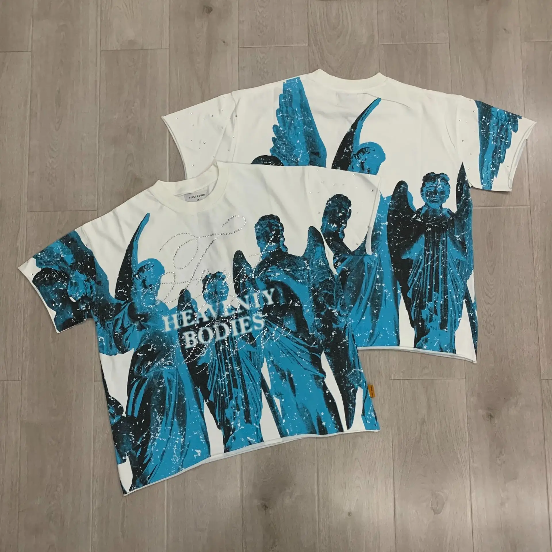 First Row Trendy Short-Sleeved T-Shirt with Gemstone Embellishments Angel Design for Summer Versatile for Both Men and Women