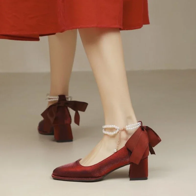 Women's Chunky Heel White Mary Jane Wedding Shoes French Style Bridal Bridesmaid Pumps Gentle Design Non Tiring High Heels