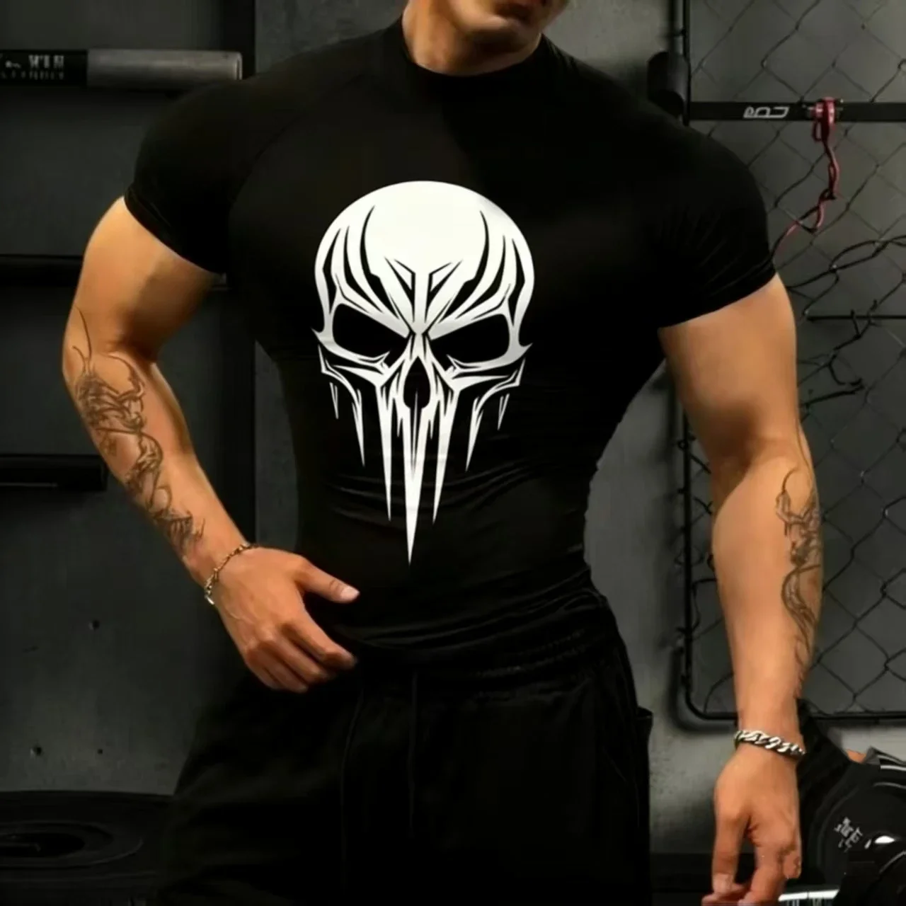 Totenkopf-Muster 2026 Herren Sport-T-Shirt Training Fitness Kompressions-Workout-T-Shirt Athletische Oberteile Gym-T-Shirts Laufshirt