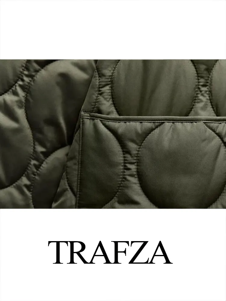 TRAFZA Women\'s Winter Warm Loose Cotton Clothing Retro Dark Green Zipper Decoration Elegant Women\'s Casual Pocket Rhombus Jacket