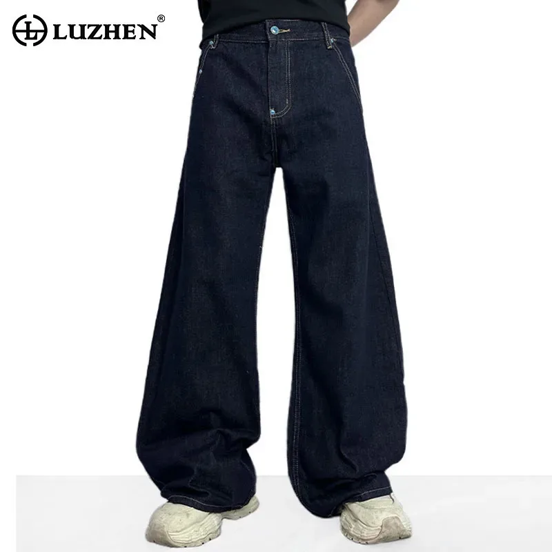 

LUZHEN Fashion Original Solid Color Wide Leg Denim Pants Men's 2025 New Pockets Gemstone Decorate Loose Casual Jeans JY3047