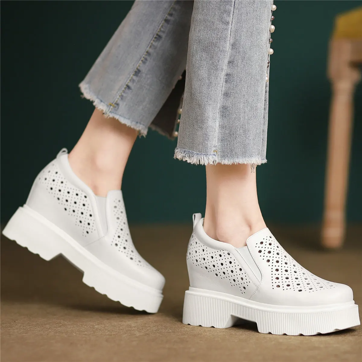 

Summer Fashion Sneakers Women Slip On Genuine Leather High Heel Ankle Boots Female Square Toe Platform Pumps Shoes Casual Shoes