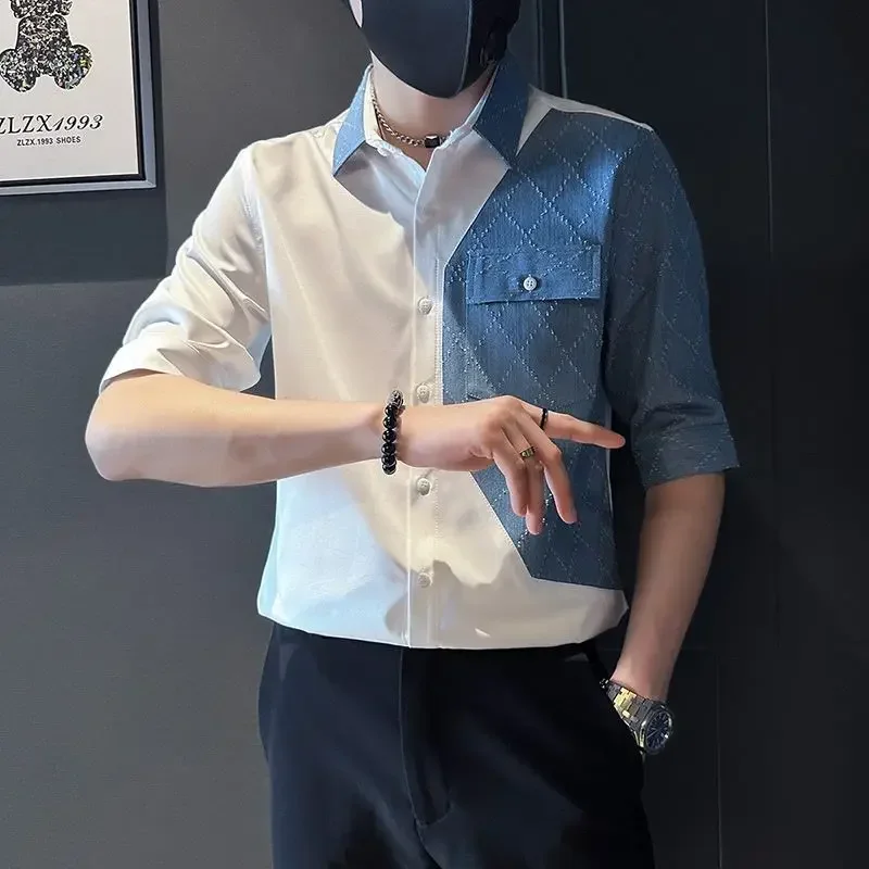 

Shirts for Men White Check Spliced Man Shirt Plaid Graphic Clothing Korean Style Fashion 2024 High Quality Luxury Designer Cool