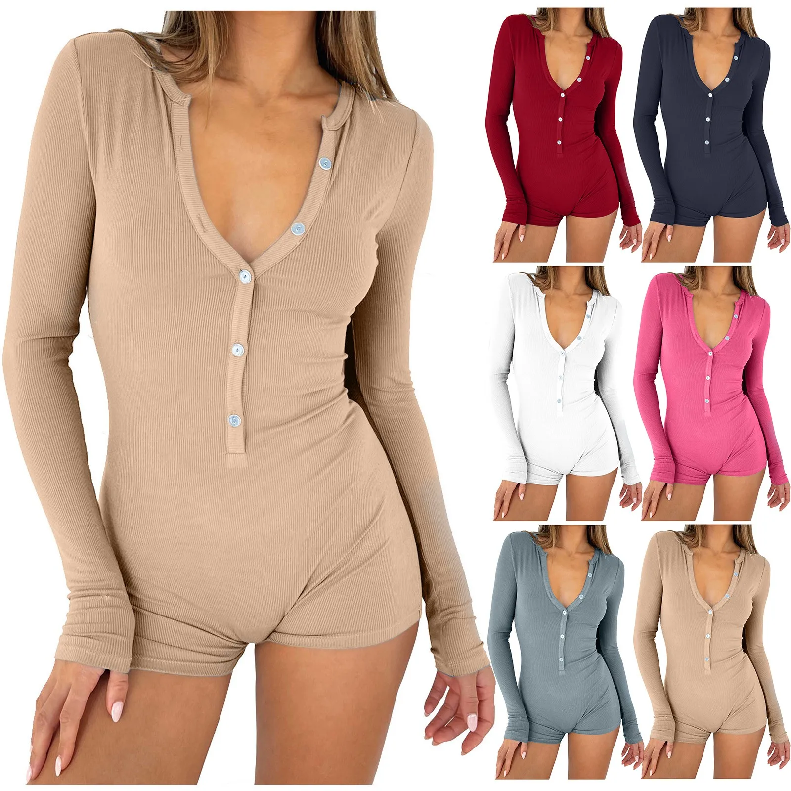 Women'S New Jumpsuits Slim Fit Long Sleeve High Waist O Neck Shorts Jumpsuits Fashion Button V-Neck Solid Color Shorts Rompers