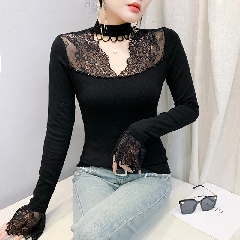 MadBlack-Women's Brushed T-Shirt, Sexy O Neck Lace Patchwork Beading Top, Streetwear Long Sleeve Slim Tee, 2025 Spring T51102CC