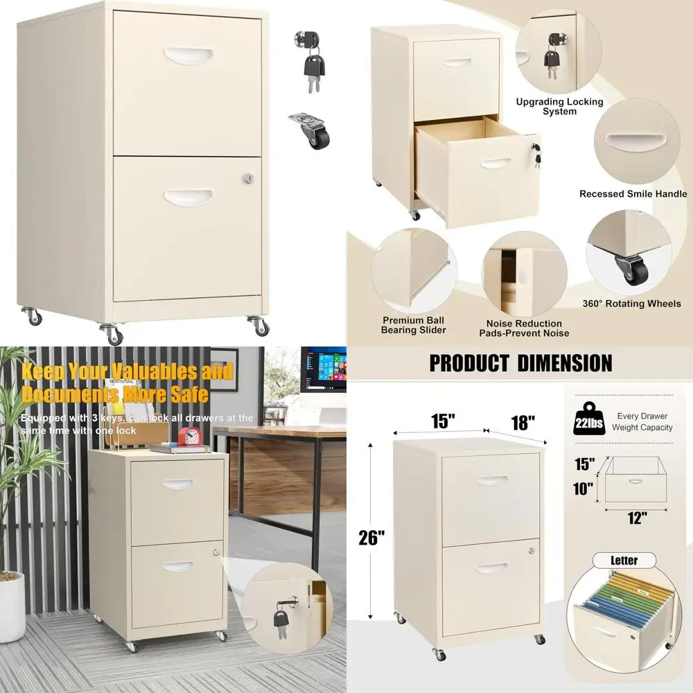 

Lockable Cream Metal 2-Drawer Rolling File Cabinet for Home Office, Letter Size
