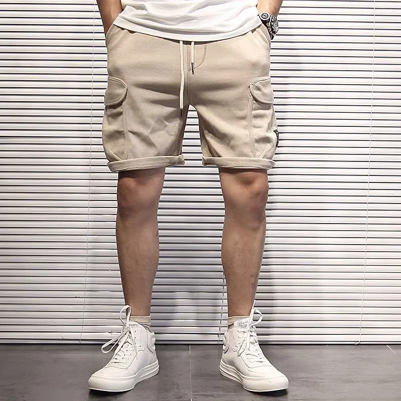 Bermuda Short Pants for Men Solid with Pockets Hiking Draw String Mens Cargo Shorts Vintage Cotton Summer Y2k Harajuku Loose Hot