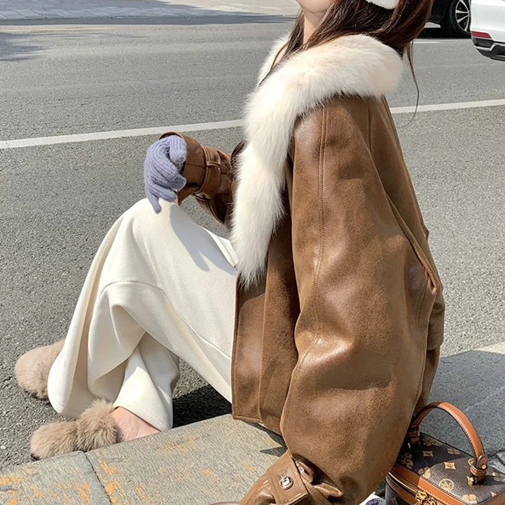 Caramel color big fur collar fur integrated down jacket women's winter 2025 new Maillard high-end casual thick coat