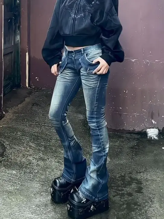 بنطلون جينز نسائي عتيق باللون الأزرق منخفض الارتفاع مطرز بتصميم أمريكي عتيق Y2K من قماش الدنيم المغسول بقصة ضيقة بنطال واسع الساق #3