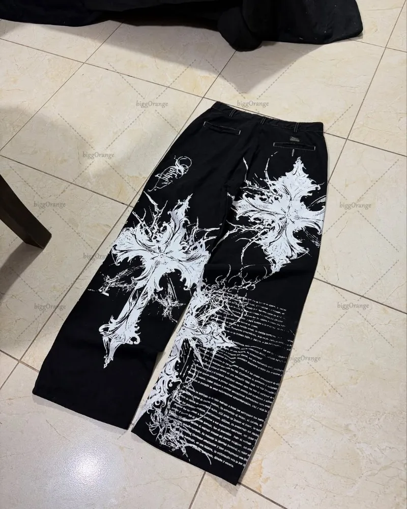 

Новые хип-хоп-панк Harajuku Y2K уличная одежда брюки женские мешковатые джинсы с перекрестным принтом американские ретро широкие брюки с высокой талией