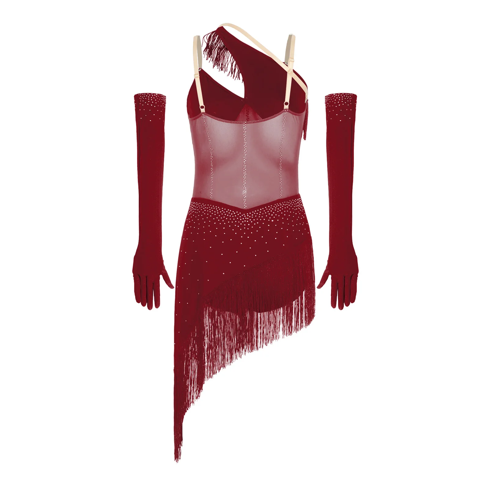 Damen Latin Samba Cha Cha Tanzkleid mit Strass-Mesh-Fransen, Asymmetrischem Rock und Langen Handschuhen, Wettbewerbs- und Aufführungskostüm – Detail 10