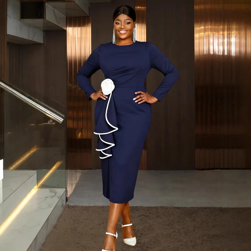 

African Dresses for Women for Evening Party Elegant Autumn Long Sleeve O-neck Midi Bodycon Dress Outfits Dashiki Ankara Dresses