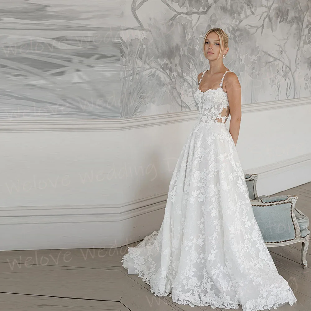 Sexy A Line Women's Wedding Dresses Spaghetti Straps Lace Appliques Vestidos De Novias De Boda Customized Bride Gowns Vestidos