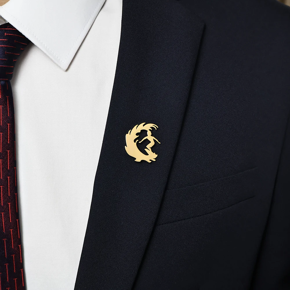 Broche de surf em aço inoxidável elegante, camisa masculina, terno lapela, acessório de casamento, presente Groomsman