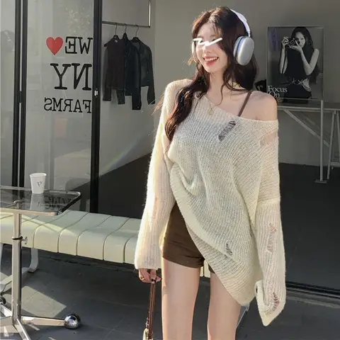 Y2K 할로우 아웃 여성 풀오버, 한국 루즈 레이지 스타일, 구멍 니트 스웨터, 패션 스트리트웨어, 오프 숄더, 자외선 차단 상의