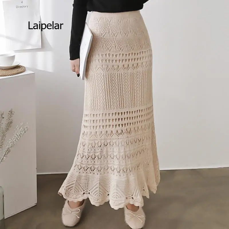 

Korean new Graceful Women's Knitting Long Skirts High waist Hollow Out Elastic Wave pattern Hem Bodycon Skirt Black Khaki